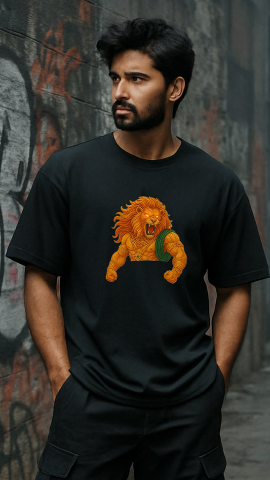 Lord "NarSimha" - Black Oversized Embroidery Tshirt