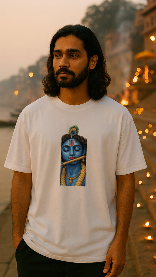 Lord Kanha With Flute "White " - Embroidery Tshirt
