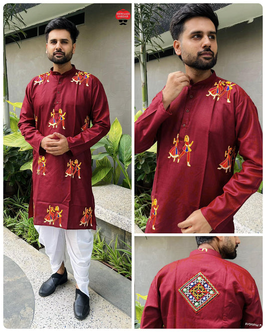 Embroidered Kurta with Dhoti - Maroon Red