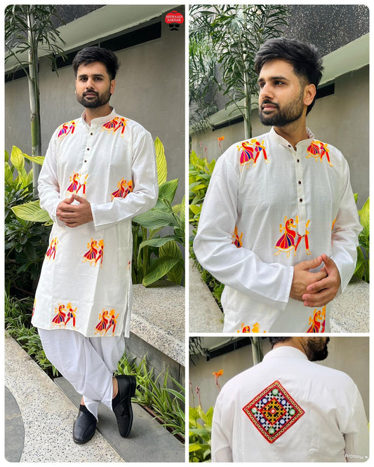 Embroidered Kurta with Dhoti - Classic White