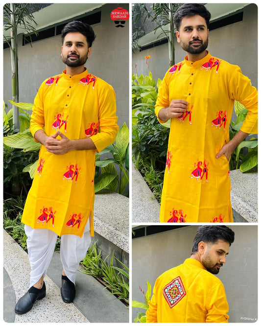 Embroidered Kurta with Dhoti - Vibrant Yellow